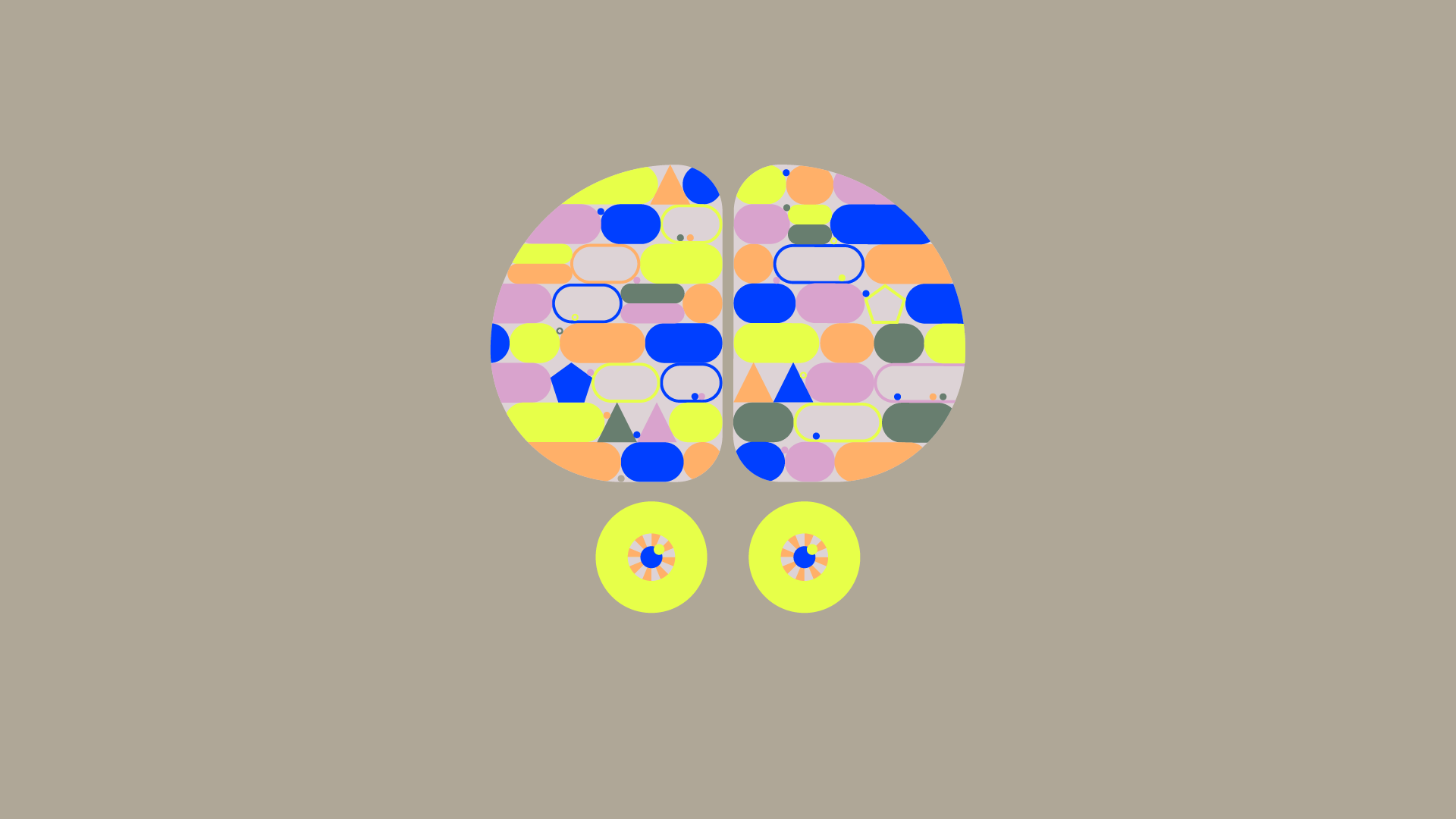 Bright yellow eyeballs float below two brain lobes filled with multi-colored geometric shapes