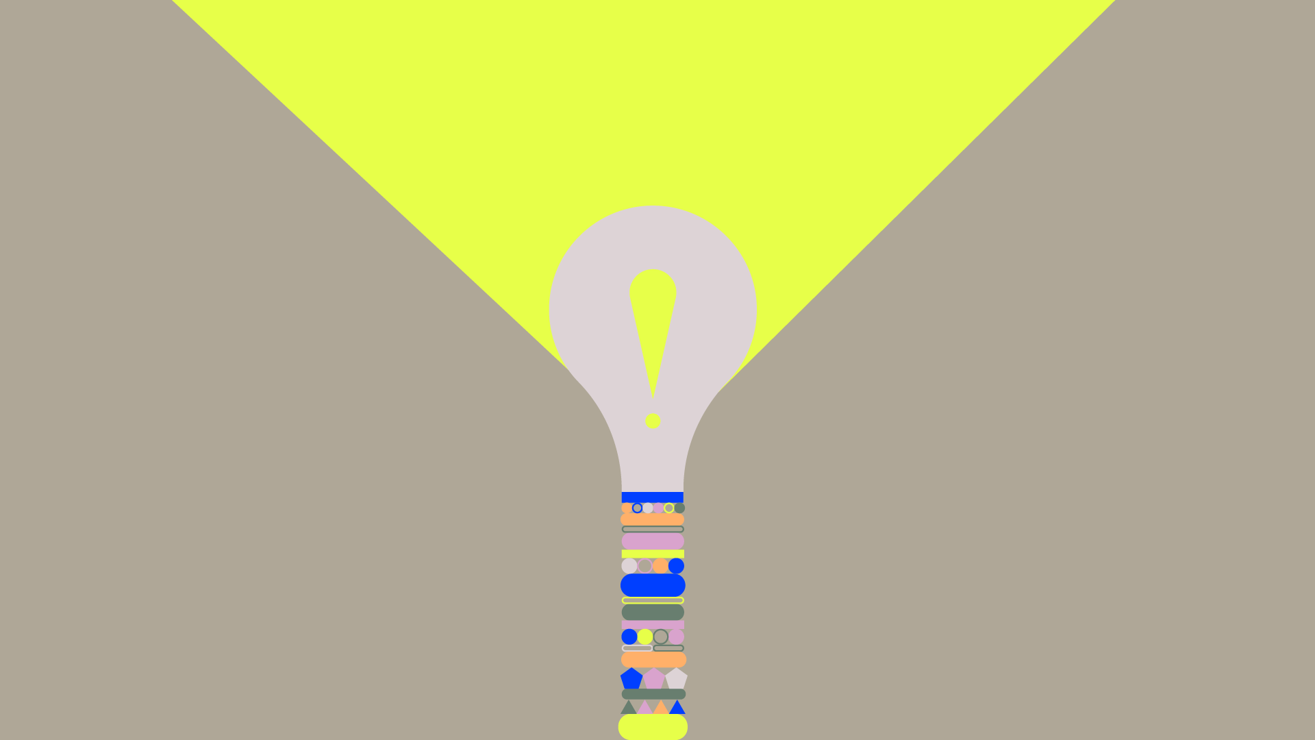 A shining light bulb sits on a tall stack of geometric shapes