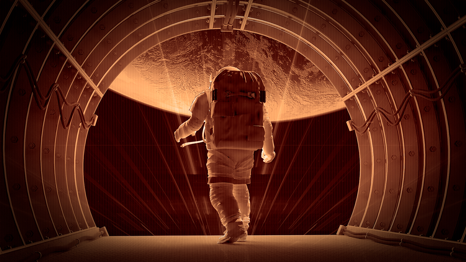 An astronaut strides away from the camera toward glowing light rays and a nearby planet