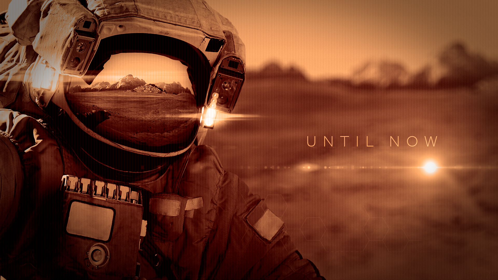 Closeup of the astronaut on the surface of Mars with the red, desolate landscape reflected on his visor