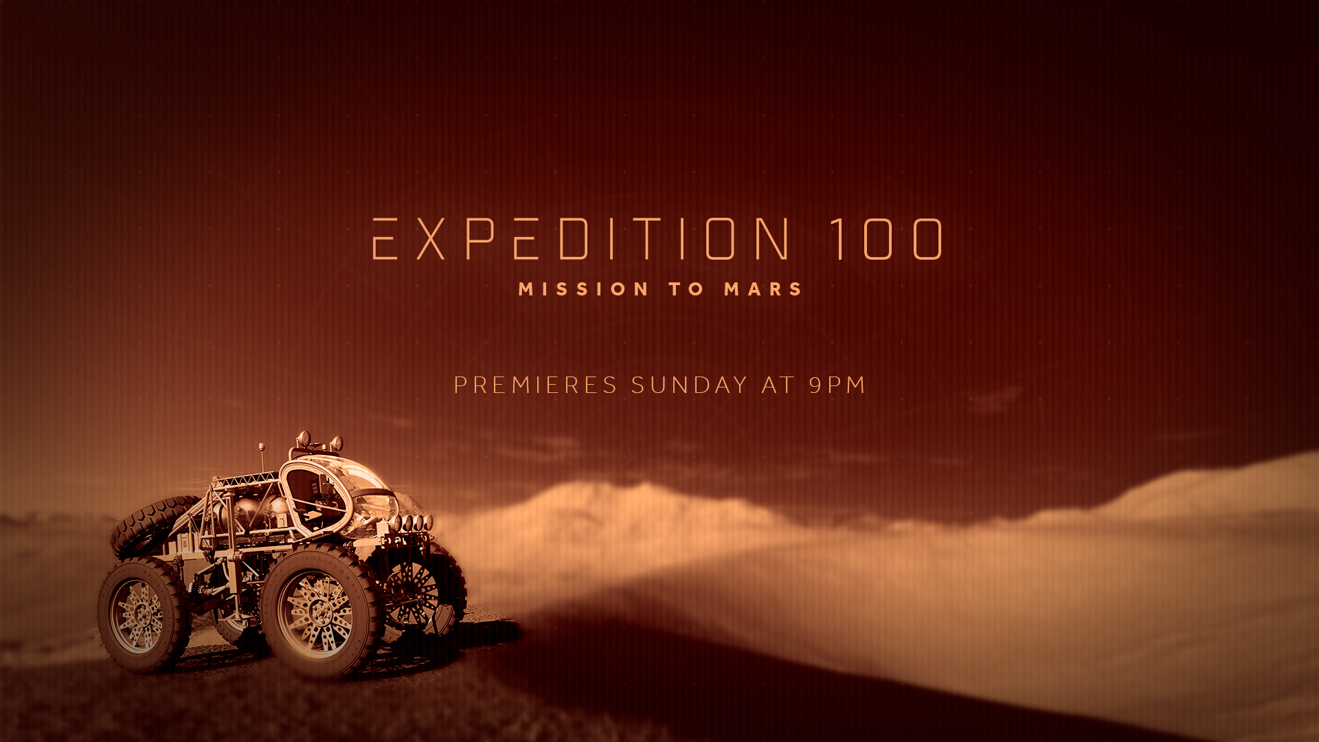 Title Card showing a Mars rover sitting on a Dune with the "Expedition 100" logo and the show's premiere data