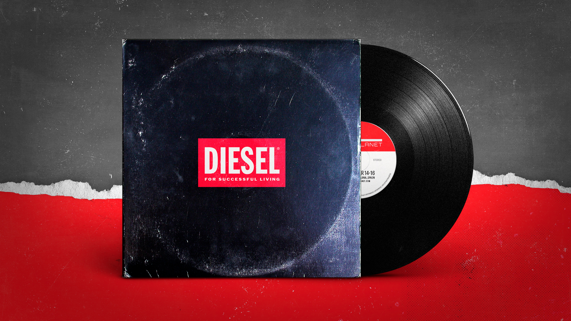 A record sleeve with the Diesel logo emerges into the scene and a record starts to roll out of the sleeve