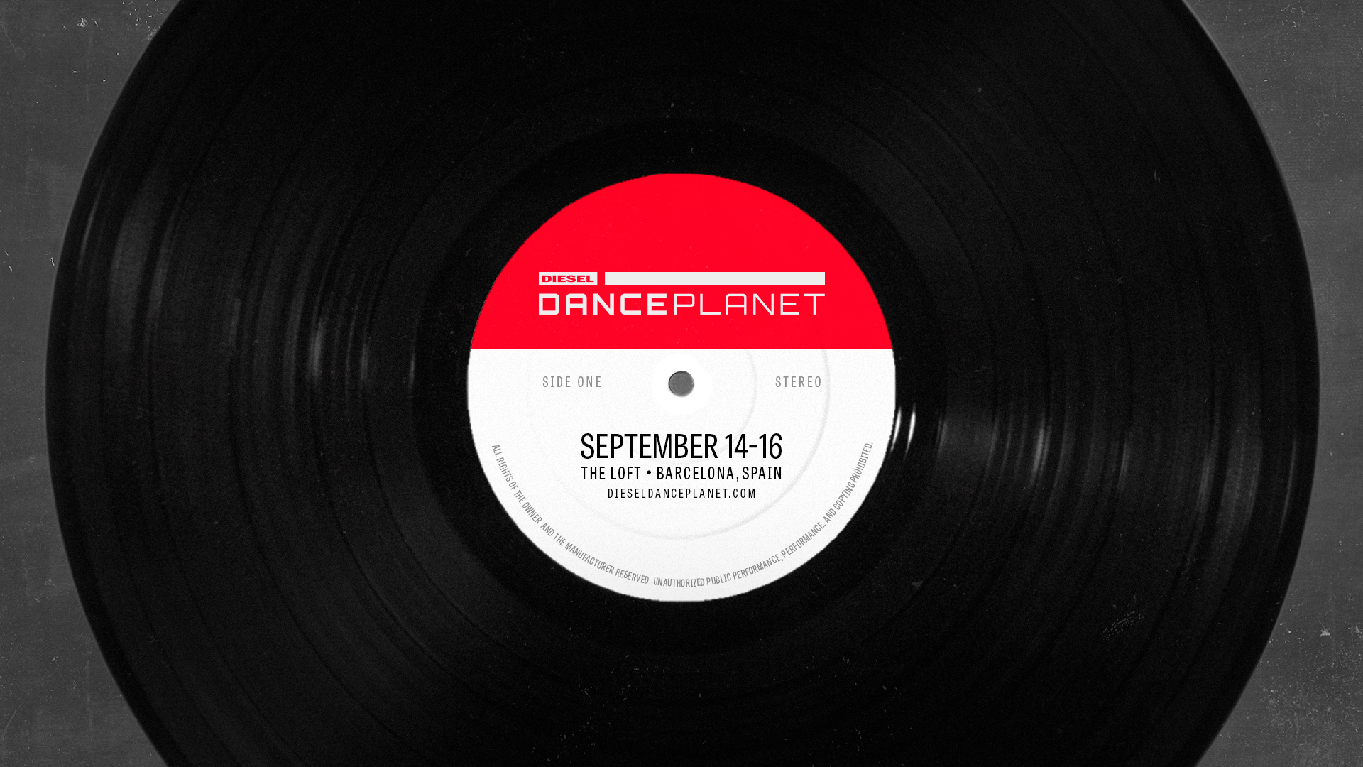 A closeup of a vinyl record with a label that includes the festival logo and info: September 14-16 in Barcelona