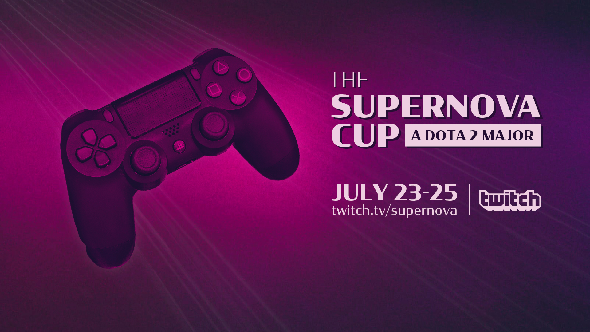 A video game controller against a violet and magenta backdrop with delicate light rays behind it; the text reads "The Supernova Cup, July 23-25"