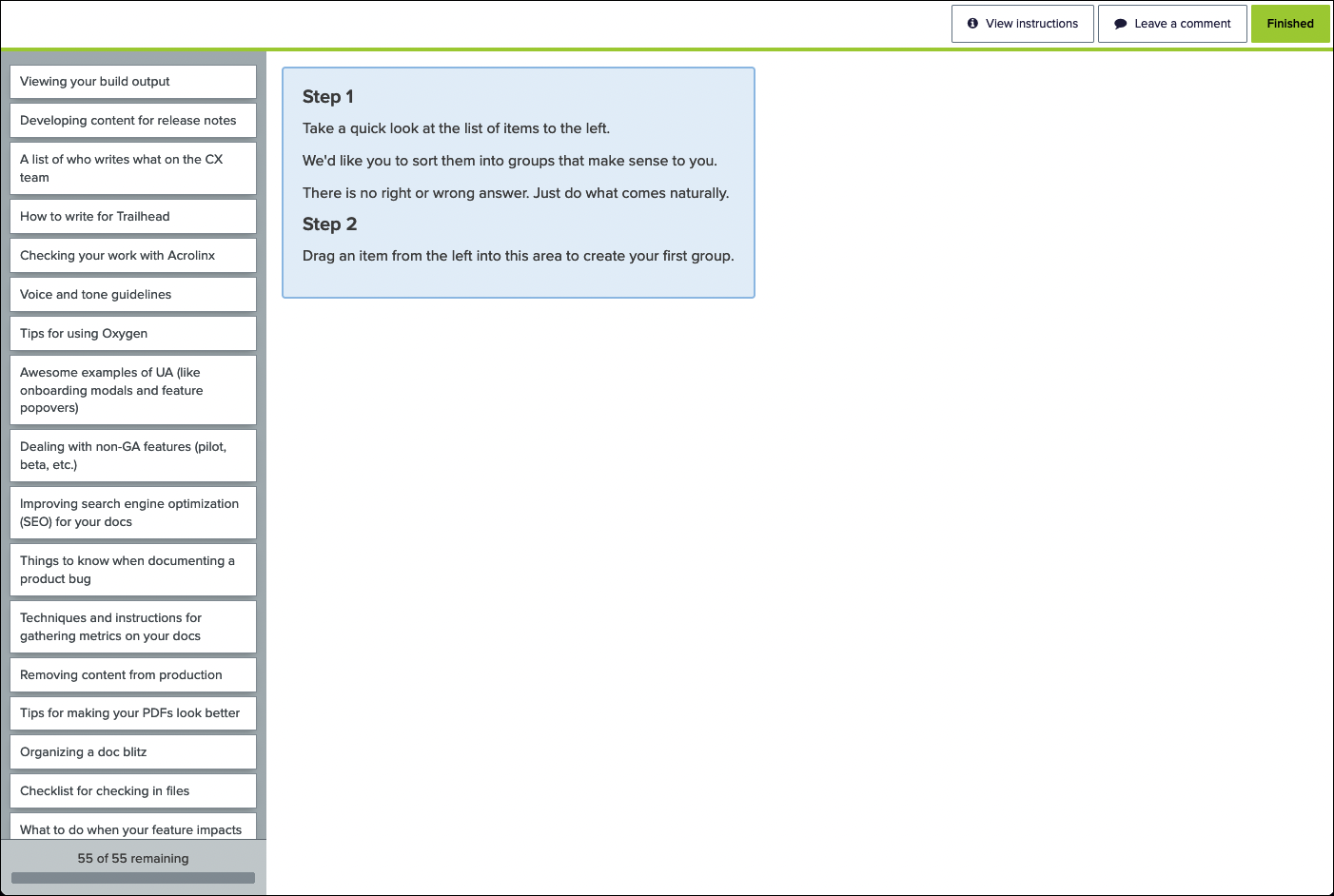 A screenshot of the card sort study in Optimal Workshop