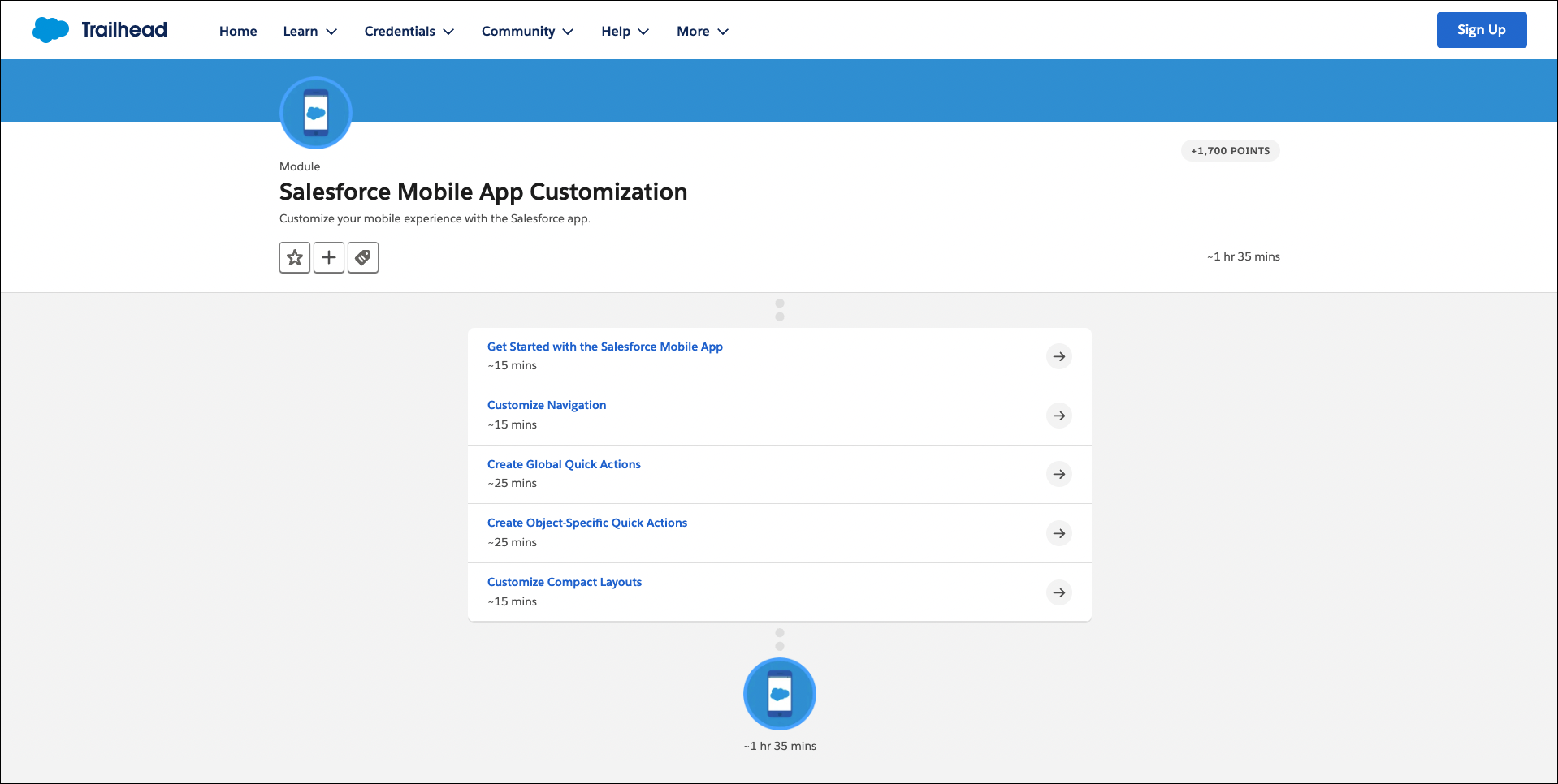 A screenshot of the Salesforce Mobile App Customization module on Trailhead