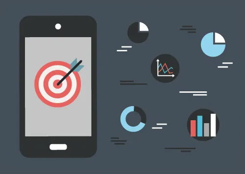 A colorful illustration depicting a mobile phone with a bullseye on the screen, surrounded by graphs and charts that represent metrics and data