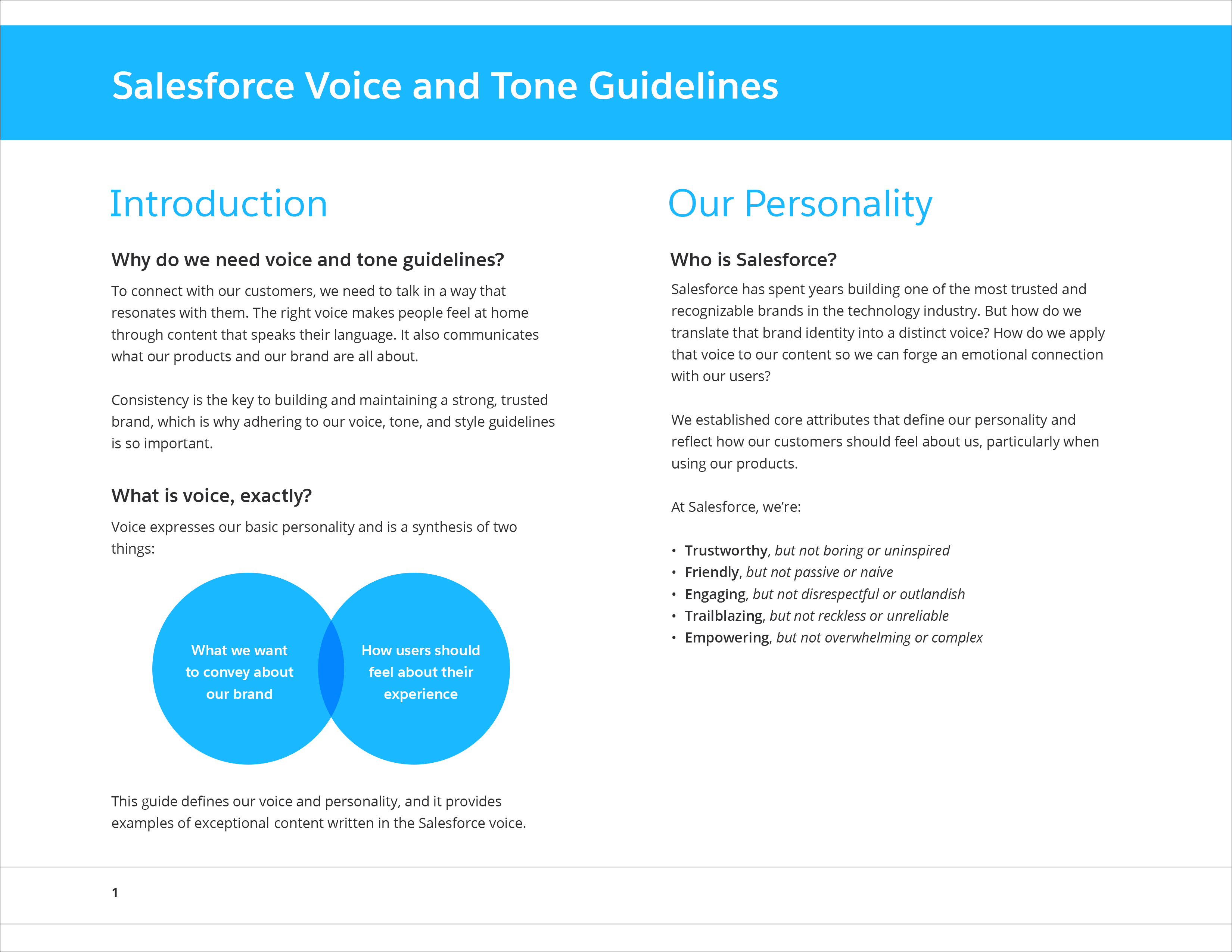 A screenshot of the first page of the voice and tone guidelines